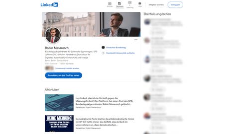 Screenshot des LinkeIn-Profils von Robin Mesarosch, SPD, Bundestagsabgeordneter, MdB (Foto: LinkedIn)