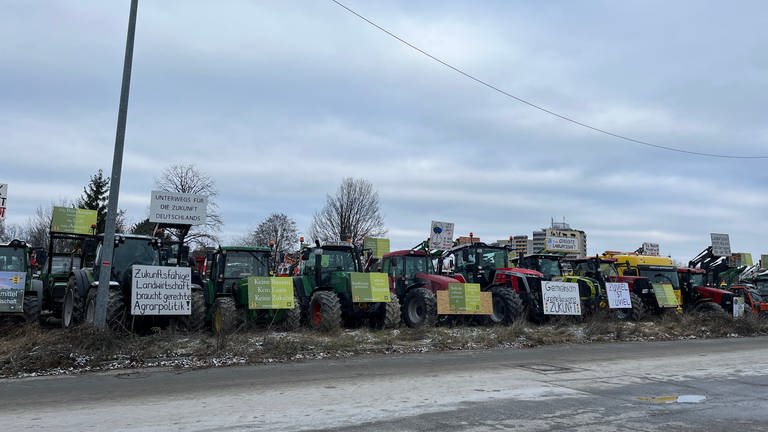 Mehrere Traktoren stehen an einer Straße geparkt. Sie präsentieren Plakate mit Sprüchen, die die Bundesregierung kritisieren. (Foto: SWR, Lisamarie Haas)