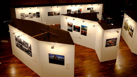 Auf Stellwänden in der Balinger Stadthalle sind 125 Fotos von Journalistinnen und Journalisten ausgestellt.
