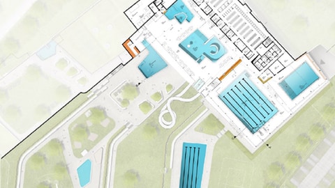 Der Grundriss des geplanten Ganzjahresbades in Metzingen zeigt die Schwimmbecken innen und außen. Der Gemeinderat hat für das neue Schwimmbad gestimmt.