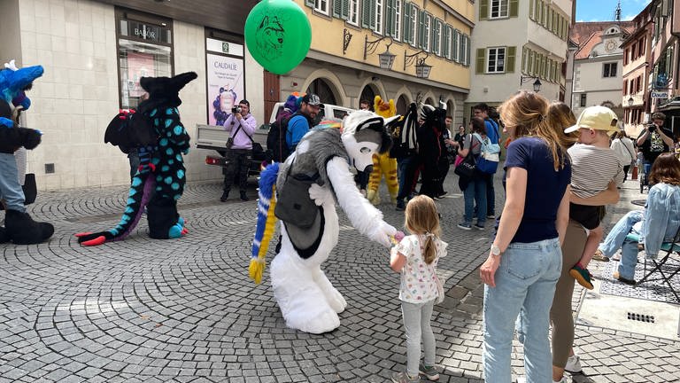 Menschen in Tierkostümen sind als Mitglieder der Furry-Szene in der Altstadt in Tübingen unterwegs und wollen sich und anderen damit eine Freude machen - bei den Kindern hat es funktioniert.