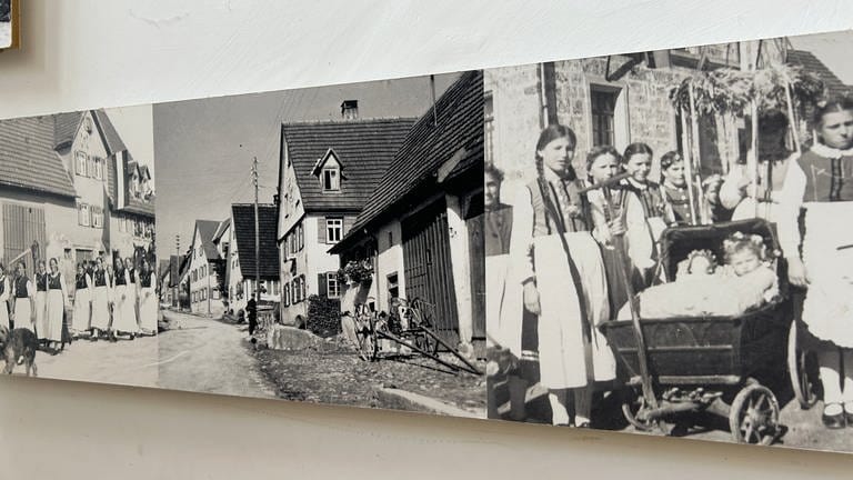 Alte Bilder im Museum im alten Schulhaus in Gruorn zeigen das Dorfleben vor der Zwangsräumung 1939.reut