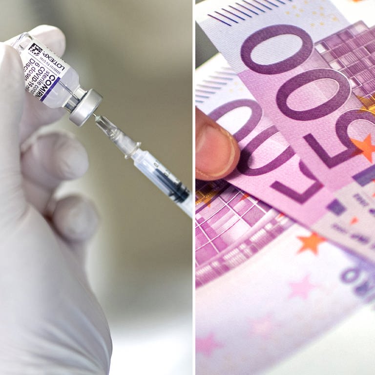 Collage aus einer Spritze in weißen Handschuhen und Hände halten 500-Euro-Geldscheine