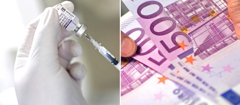 Collage aus einer Spritze in weißen Handschuhen und Hände halten 500-Euro-Geldscheine (Foto: dpa Bildfunk, SWR, picture alliance/dpa | Matthias Balk, Collage SWR)
