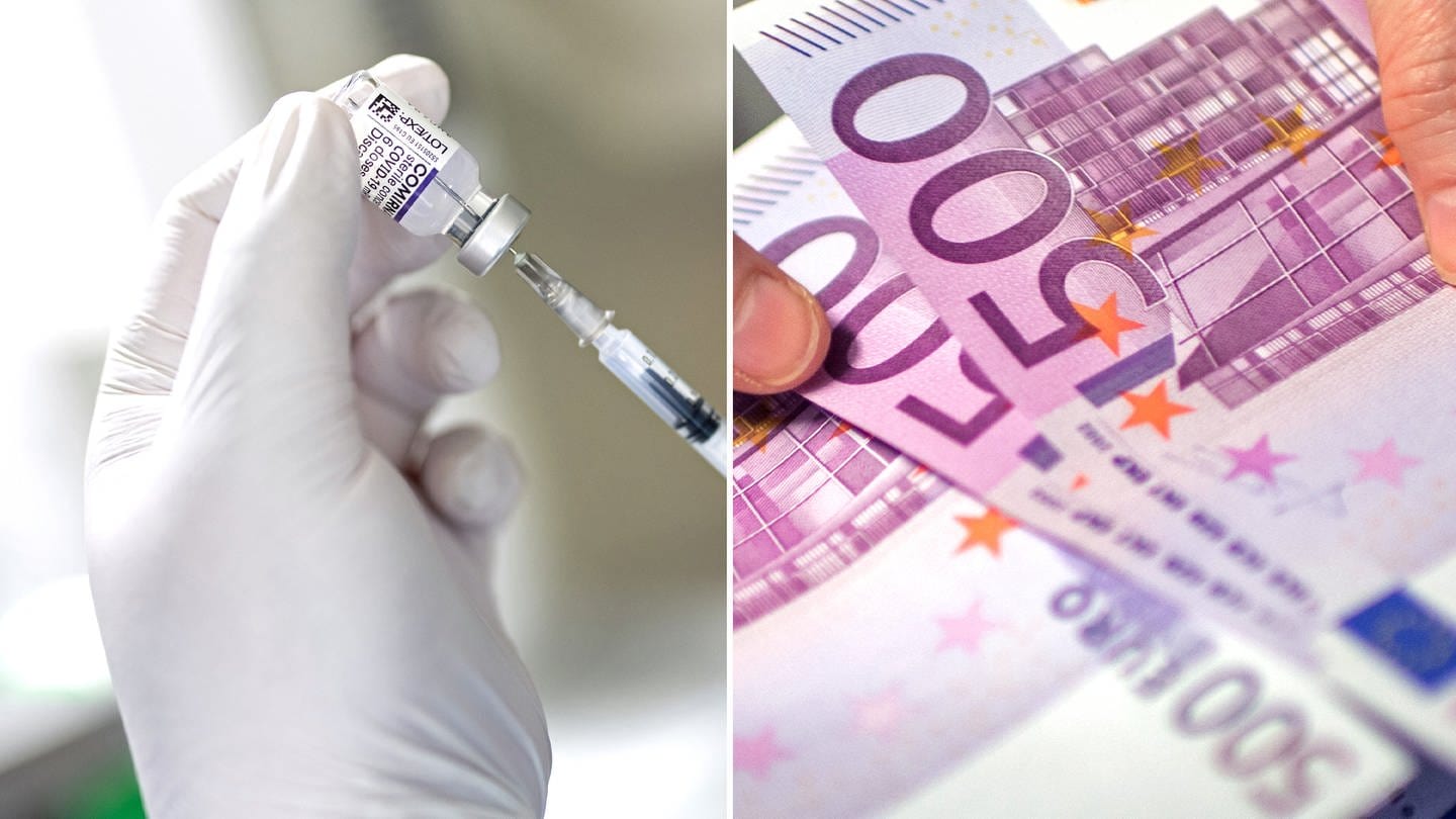 Collage aus einer Spritze in weißen Handschuhen und Hände halten 500-Euro-Geldscheine (Foto: dpa Bildfunk, SWR, picture alliance/dpa | Matthias Balk, Collage SWR)