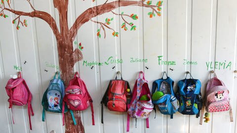 Kinder-Rucksäcke hängen an einer Wand unter den Kindernamen in einer Kita.  (Foto: dpa Bildfunk, picture alliance/dpa | Waltraud Grubitzsch)