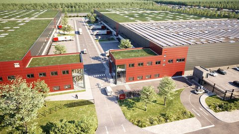Das Neubauprojekt im Industriepark A7 bei Giengen setzt auf Dachbegrünungen und Solarenergie. Quelle: LogProject Development GmbH (Foto: LogProject Development GmbH)