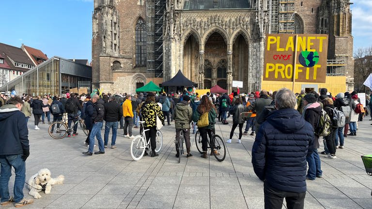 Eine Menschengruppe vor dem Ulmer Münster. Auf dem Ulmer Münsterplatz haben am Freitag rund 500 Menschen für das Klima und eine schnelle Verkehrswende demonstriert.  (Foto: SWR, Markus Bayha)