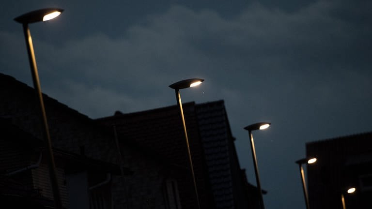 Eine Reihe von Straßenlaternen beleuchtet eine dunkle Straße - Kommunen in der Region müssen Energie und Kosten sparen.  (Foto: dpa Bildfunk, picture alliance / Fabian Sommer/dpa | Fabian Sommer)