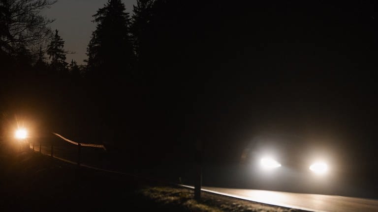 Autos fahren bei Nacht auf einer Landstraße. Zwei Notrufe aus der Nähe von Ehingen, die zeitgleich bei der Polizei eingingen, haben kurz für Verwirrung gesorgt. (Foto: dpa Bildfunk, picture alliance/dpa | Nicolas Armer (Symbolbild))