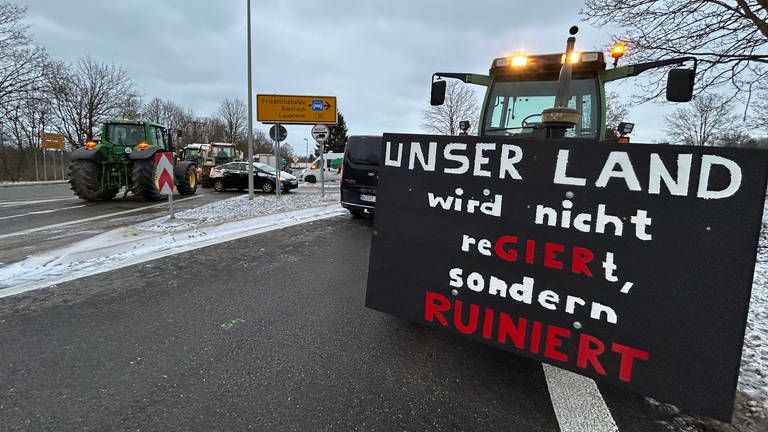 Protestierende Landwirte auch im Ulmer Donautal: Der Treckerconvoi traf sich nahe der B30 bei Ulm-Wiblingen. (Foto: SWR)