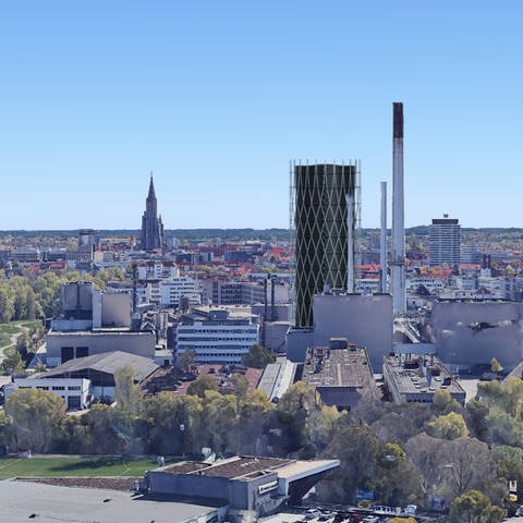Er wird halb so hoch wie das Ulmer Münster: Der neue Turm der Fernwärme Ulm. (Foto: SWR, Animation)
