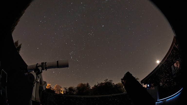 Teleskope vor dem dunklen, sternenklaren Nachthimmel (Foto: Pressestelle, Planetarium Laupheim)