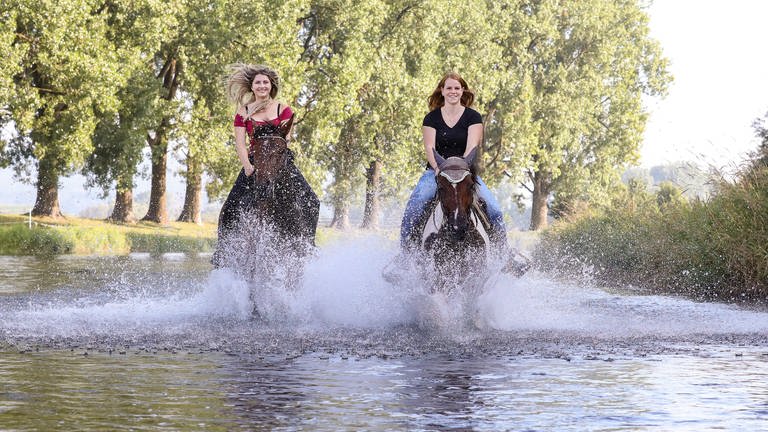 Zwei Reiterinnen sind in der Donau bei Riedlingen unterwegs (Foto: dpa Bildfunk, picture alliance/Thomas Warnack/dpa)