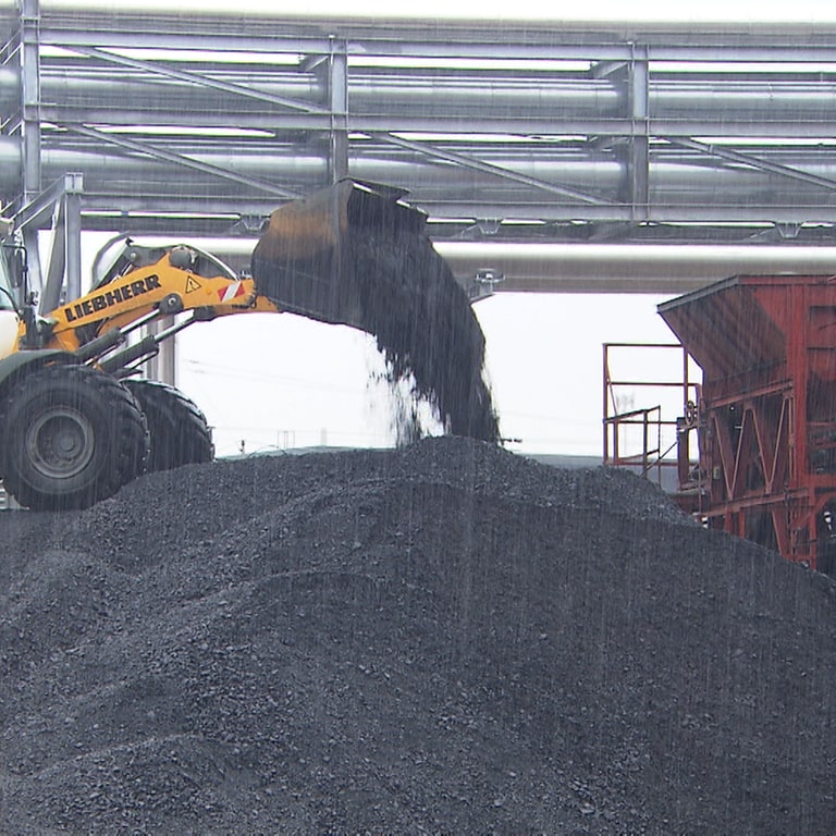 Bagger schaufelt Kohle auf einem Kohleberg. 6.000 Tonnen Kohle hat die Fernwärme Ulm gekauft, um die Wärmeversorgung trotz Gasmangels im kommenden Winter zu garantieren.  (Foto: SWR)