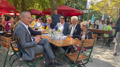 Ministerpräsident Winfried Kretschmann sitzt mit Mitgliedern einer ukrainischen Delegation an einem Tisch in einem Biergarten.  (Foto: SWR)