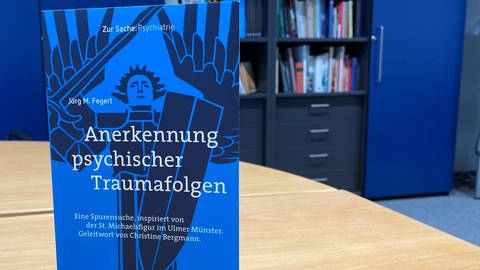 Ein Buch vor einer Bücherwand. Professor Jörg Fegert hat sich für sein Buch "Anerkennung psychischer Traumafolgen" von der St. Michaelsfigur im Ulmer Münster inspirieren lassen.  (Foto: SWR)