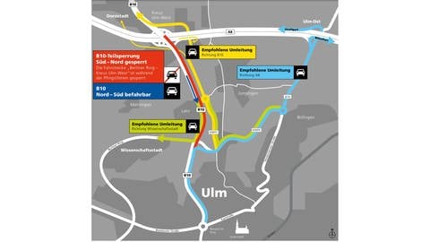 Eine Straßenkarte mit grünen und roten Markierungen. Ab Montag wird der Verkehr auf der B10 bei Ulm wegen Fahrbahnerneuerungen umgeleitet.  (Foto: Stadt Ulm)