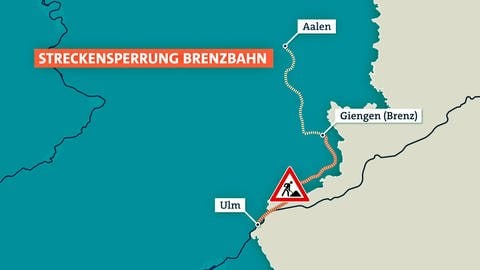 Grafikkarte: Die Brenzbahn ist vom 3. bis einschließlich 8. August 2023 zwischen Ulm und Giengen an der Brenz (Kreis Heidenheim) wegen Gleisarbeiten gesperrt (Grafikkarte SWR). 