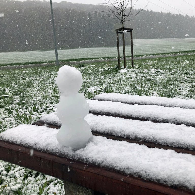Nach sommerlichen Temperaturen am vergangenen Wochenende, zeugte am Mittwochmorgen am Albaufstieg an der A8 ein Mini-Schneemann vom Wetterumschwung. Mal sehen, wie lange er beim derzeitigen Aprilwetter seine Form halten kann (17.04.). (Foto: SWR, Michael Binder)