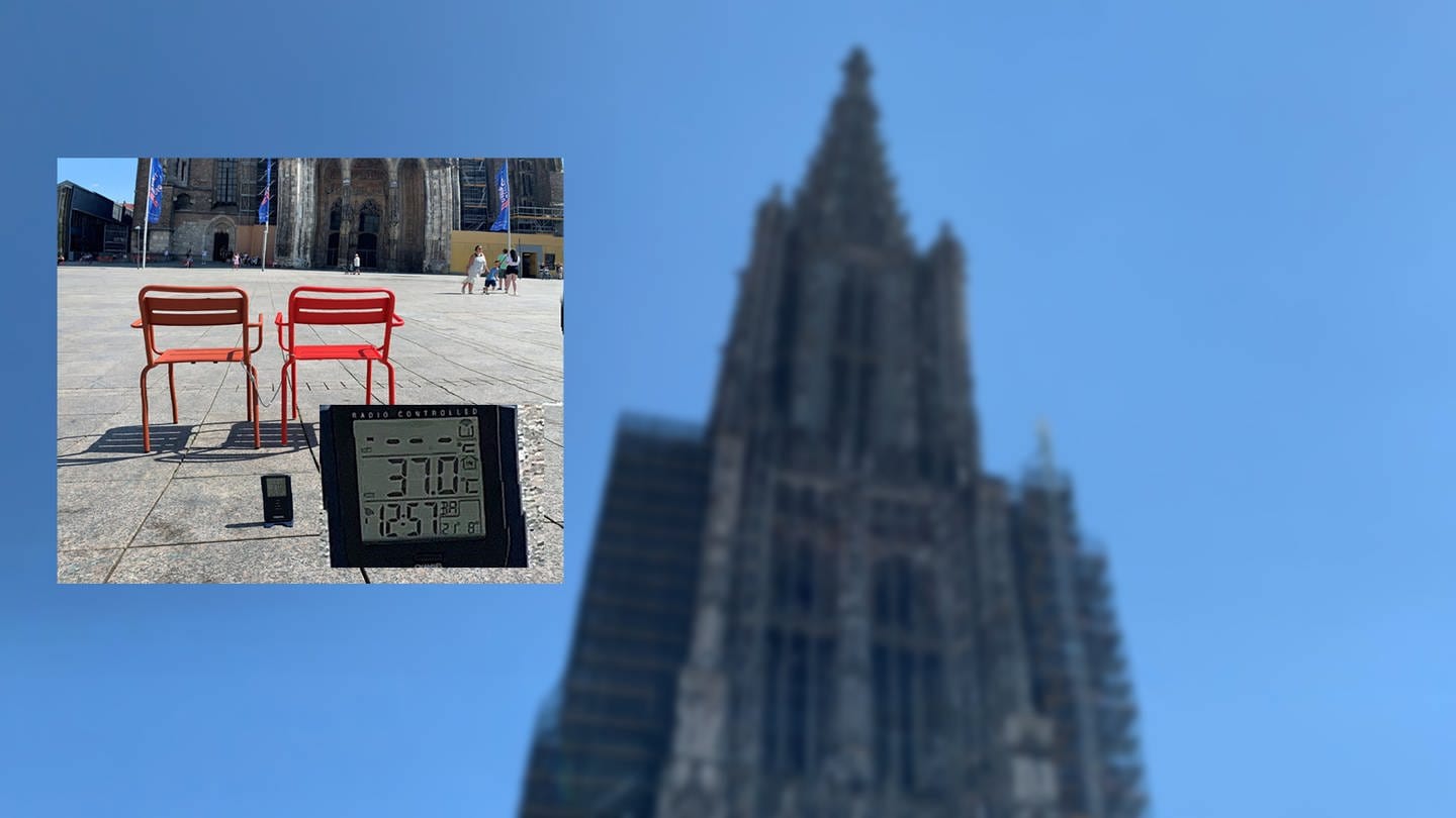 Ein vor dem Ulmer Münster aufgestelltes Thermometer zeigt kurz vor 12 Uhr 37 Grad Celsius. (Foto: SWR, Carola Kührig)