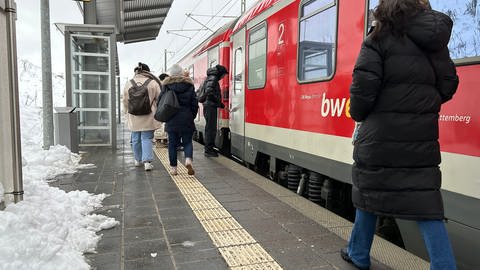 Mehrere Fahrgäste steigen in einen Regionalzug: Seit der Eröffnung des Bahnhofs Merklingen vor einem Jahren sollen mehr als 800.000 Menschen den laut Deutscher Bahn schnellsten Regionalverkehr Deutschlands genutzt haben.  (Foto: SWR)