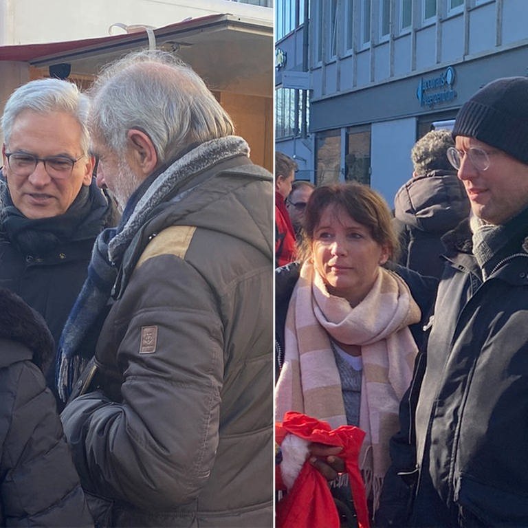Letzte Chance, noch Wählerinnen und Wähler für die OB-Stichwahl am Sonntag zu mobilisieren: Amtsinhaber Gunter Czisch (CDU, li.) und sein Herausforderer Martin Ansbacher (SPD) in der Ulmer Fußgängerzone.