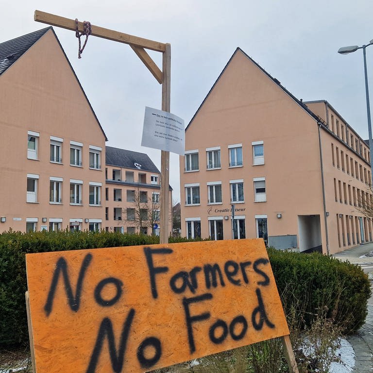 Ein Galgen in Ulm-Wiblingen, inzwischen fehlt die Papp-Ampel. Die Bauern widersprechen einer Vereinnahmung von rechts und wehren sich.