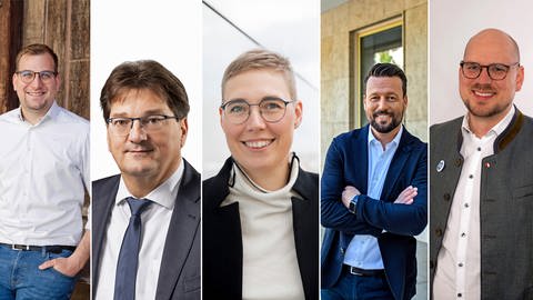 Kandidaten der Landratswahl für den Landkreis Neu-Ulm: Ludwig Ott (Grüne), Joachim Eisenkolb (Freie Wähler), Eva Treu (CSU), Daniel Fürst (SPD), Wolfgang Dröse (AfD). (Foto: Collage SWR)