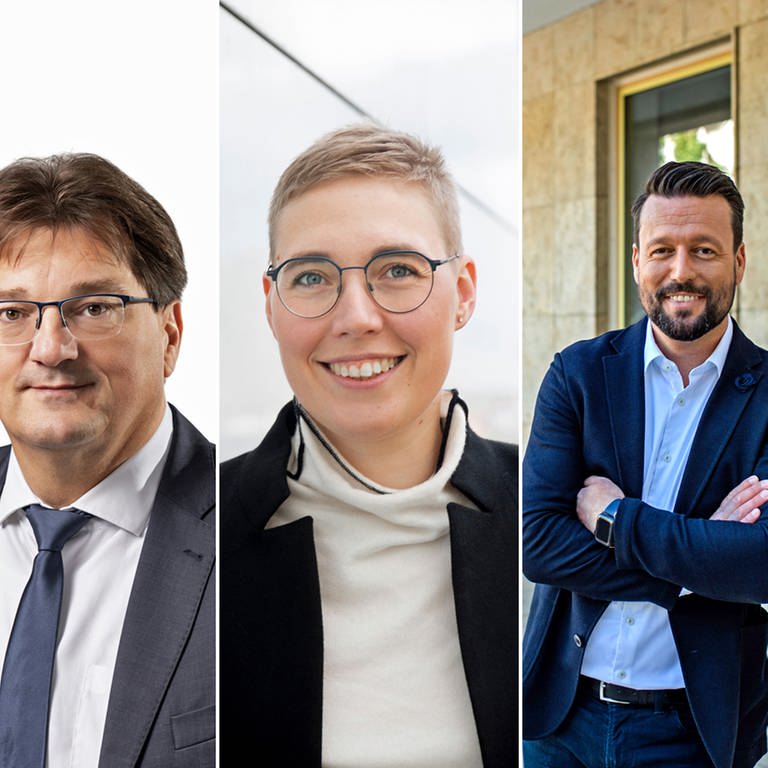 Kandidaten der Landratswahl für den Landkreis Neu-Ulm: Ludwig Ott (Grüne), Joachim Eisenkolb (Freie Wähler), Eva Treu (CSU), Daniel Fürst (SPD), Wolfgang Dröse (AfD).