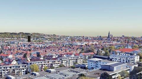 Visualisierung: Der Wärmespeicher der FUG Fernwärme Ulm in der Ulmer Weststadt soll etwa 84 Meter hoch werden.  (Foto: Pressestelle, Umgebungsmodell Copyright Google Maps, Visualisierung Hochstrasser)