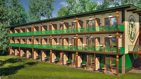 Ein dreitetagiges Haus in einem Waldbereich: Pünktlich zur Saisoneröffnung 2024 ist die neue "Waldabenteuer Lodge" fertig geworden, so Legoland Geschäftsführerin Manuela Stone. (Foto: LEGOLAND Deutschland)