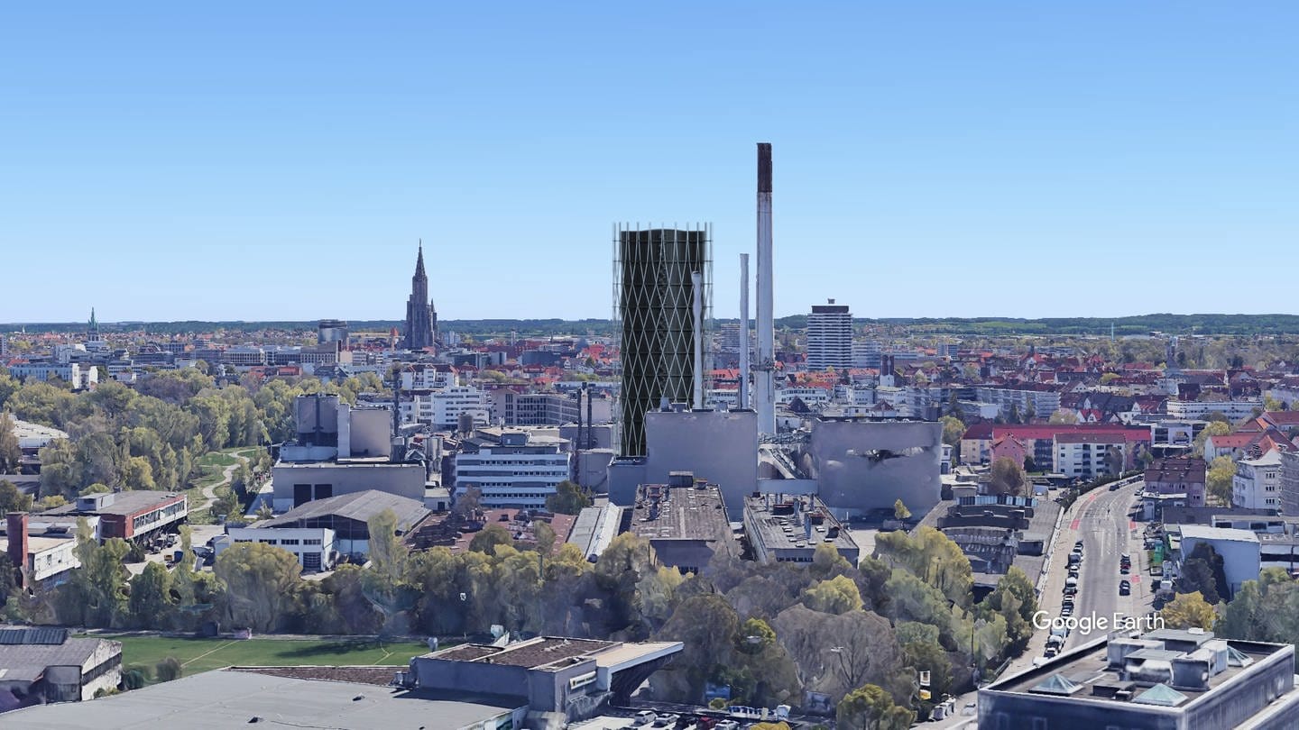 Er wird halb so hoch wie das Ulmer Münster: Der neue Turm der Fernwärme Ulm. (Foto: SWR, Animation)