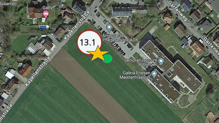 Ein Google Maps Screenshot vom Standort "Hinter den Gärten" , der von der Stadtverwaltung favorisiert wird. Er liegt innerorts im nördlichen Wiblingen. Hier könnten 56 Flüchtlinge  untergebracht werden.  (Foto: Google Maps/Stadt Ulm)