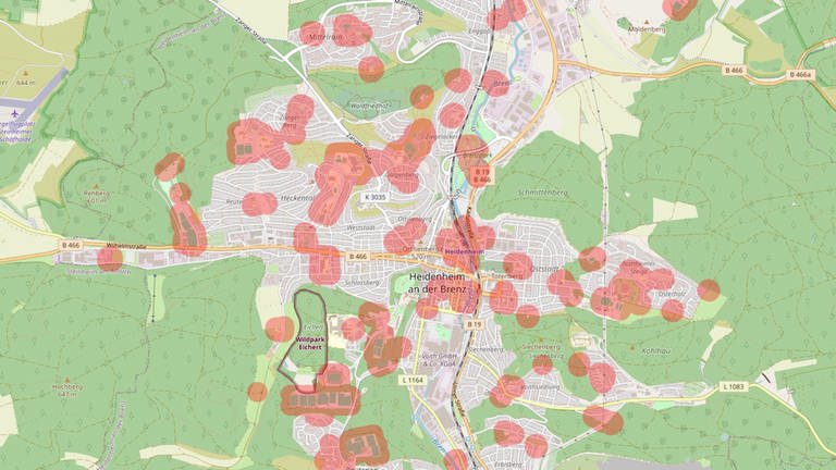 Eine Karte von Heidenheim, auf der mit roten Kreisen eingezeichnet ist an welchen Orten man Cannabis nicht konsumieren darf. (Foto: Bubatzkarte / OpenStreetMap)