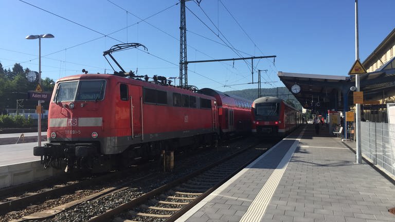 Zwei rote Züge halten in einem Bahnhof (Foto: SWR)