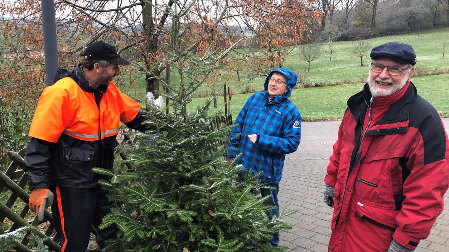 Ein Mann präsentiert einem Ehepaar einen Nadelbaum. Robert Zeller (links) verkauft schon Ende November die ersten Weihnachtsbäume in Aalen-Hofen. Das Ehepaar Gabriele und Hans-Peter Wettemann sind schon ganz früh dran. (Foto: SWR, Frank Polifke)