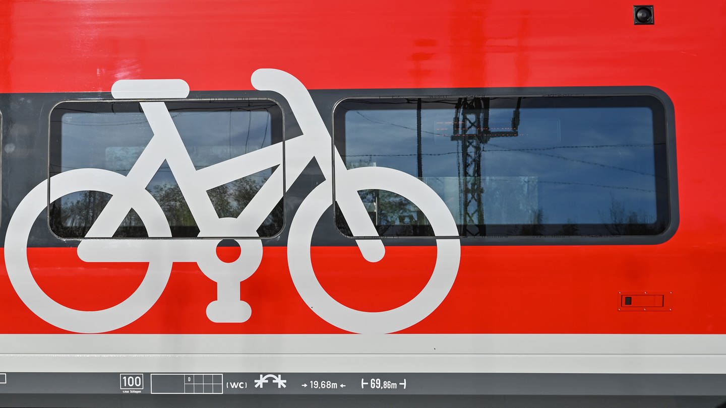 Ein aufgedrucktes weißes Fahrrad markiert das Fahrradabteil eines roten Regionalzuges (Foto: dpa Bildfunk, picture alliance/dpa | Patrick Pleul)