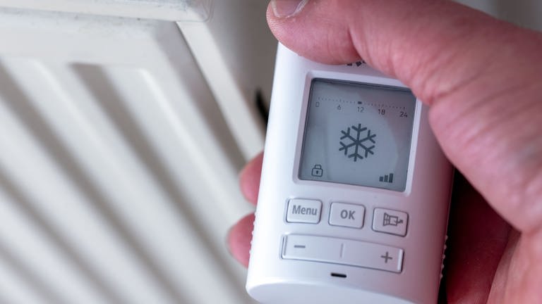 Digitales Thermostatventil an einer Heizung, das Display zeigt das Symbol einer Schneeflocke (Foto: dpa Bildfunk, picture alliance/ dpa/ Jens Büttner)