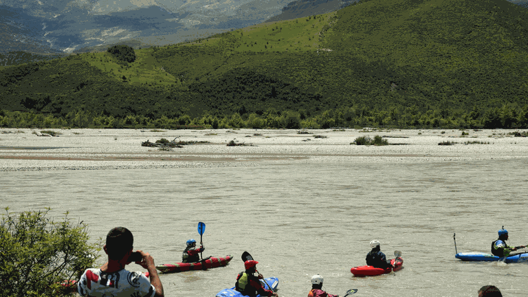 Albanians kayaking in the Vjosa river to protest against the deci