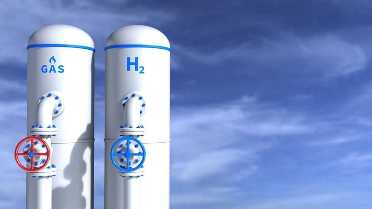 IMAGO  Alexander Limbach (Foto: IMAGO, Eine Animation zeigt zwei Speichertanks. Auf dem linken steht Gas, auf dem rechten H2 für Wasserstoff)