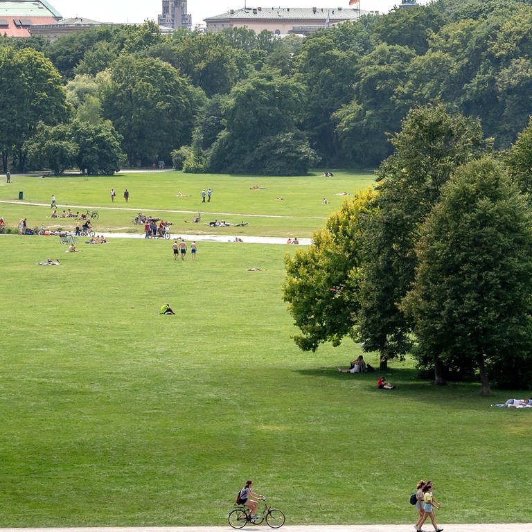 Menschen auf Grünflächen und Wegen in einem Stadtpark