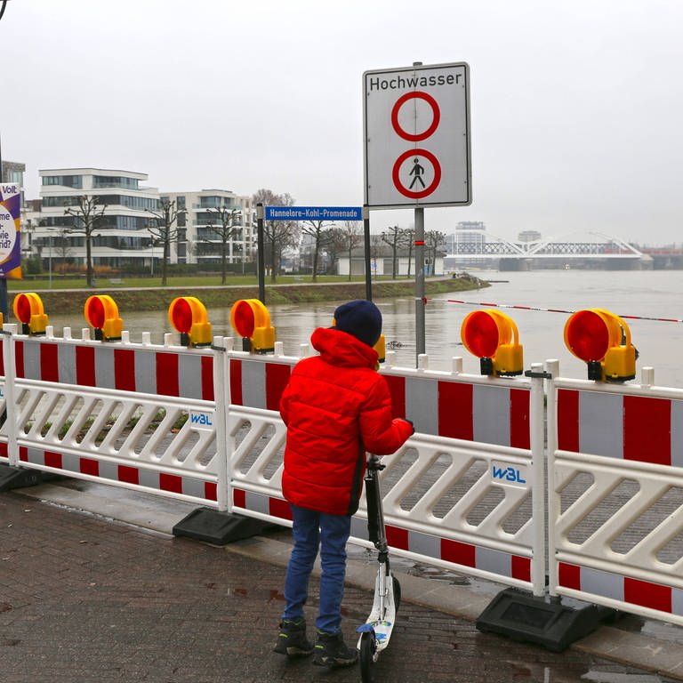Rhein-Hochwasser in Ludwigshafen: Die Uferpromenade auf der Parkinsel ist gesperrt