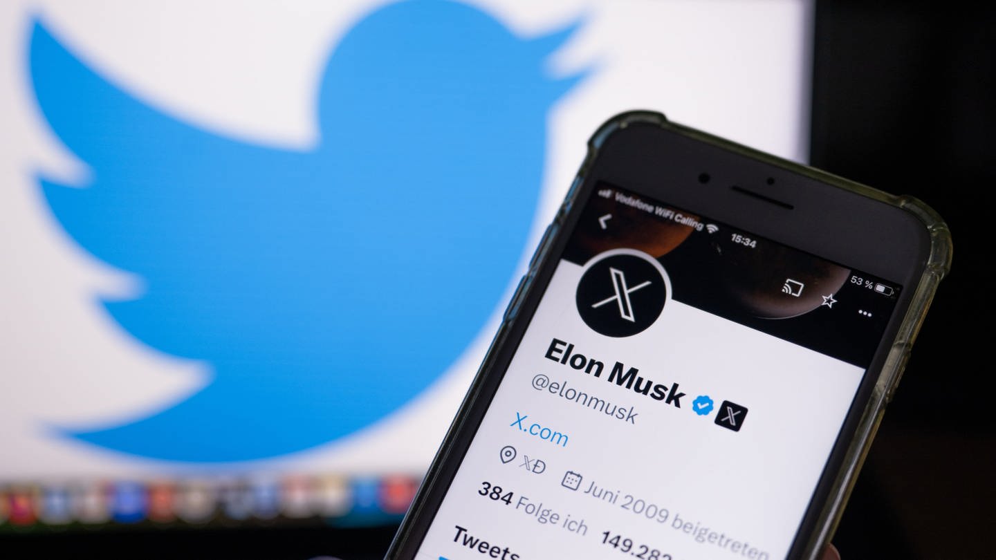 Ein Smartphone zeigt den X-Account von Elon Musk vor einem alten Twitter-Logo (Foto: dpa Bildfunk, picture alliance/dpa | Monika Skolimowska)