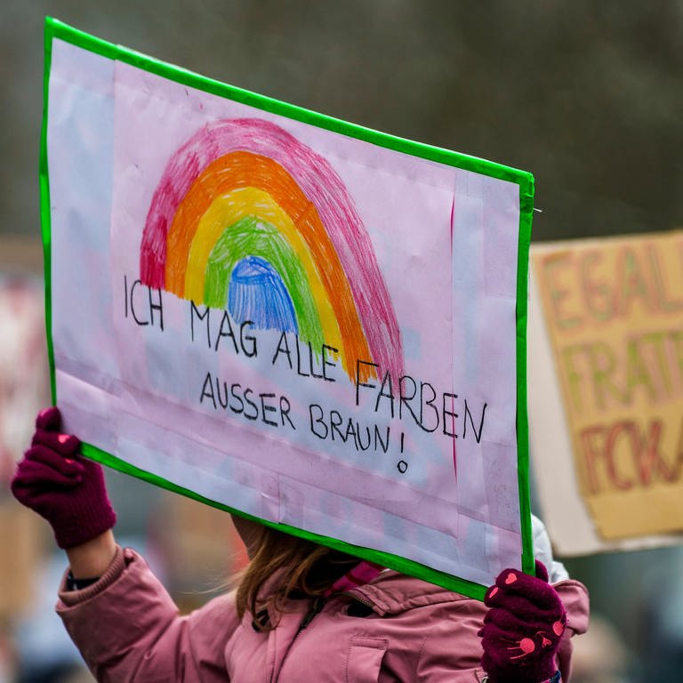 Ein Plakat „Ich mag alle Farben außer Braun!“ wird auf einer Kundgebung gegen Rechtsextremismus  hochgehalten (Foto: dpa Bildfunk, picture alliance/dpa | Andreas Arnold)
