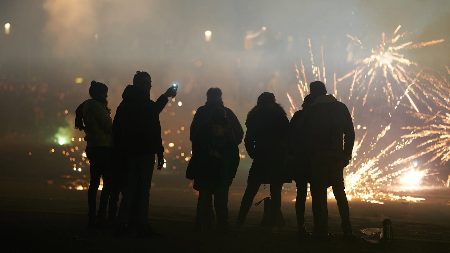 Eine Gruppe Menschen betrachtet Feuerwerk (Foto: dpa Bildfunk, picture alliance/dpa | Thomas Frey)