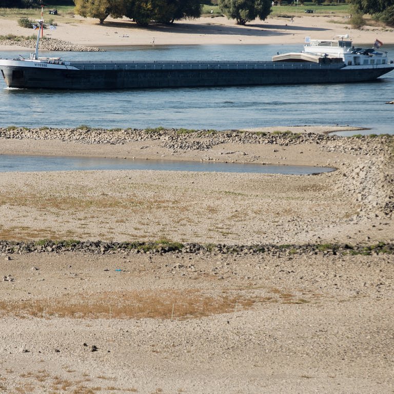 Ein Transportschiff auf dem Rhein bei Niedrigwasser