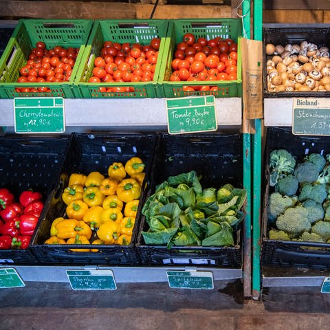 Boxen mit verschiedenen Gemüsen stehen auf einem Bioland-Hof zum Verkauf. In Hofläden und Bio-Supermärkten macht sich die Inflation bemerkbar. (Foto: picture-alliance / Reportdienste, picture alliance/dpa | Lino Mirgeler)