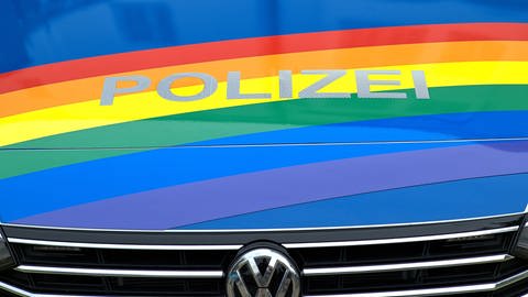 Farben der queeren Bewegung über VW-Front-Polizeiautos   (Foto: dpa Bildfunk, picture alliance / SULUPRESS.DE | Torsten Sukrow/SULUPRESS.DE)