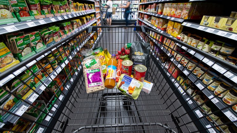 Ein Einkaufswagen in einem Supermarkt, der mit Lebensmittel gefüllt ist. (Foto: dpa Bildfunk, picture alliance/dpa | Sven Hoppe)